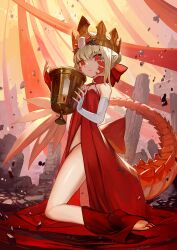 Rule 34 | 1girl, ahoge, bare shoulders, barefoot, blonde hair, braid, breasts, chalice, crown, cup, dragon tail, dress, elbow gloves, facial mark, fate/grand order, fate (series), fingerless gloves, french braid, gloves, hair bun, hair intakes, hair ribbon, highres, kneeling, lack, long hair, looking at viewer, nero claudius (fate), nero claudius (fate) (all), panties, pointy ears, queen draco (fate), queen draco (first ascension) (fate), red dress, red eyes, red panties, red ribbon, ribbon, scales, single glove, small breasts, solo, tail, underwear, white gloves