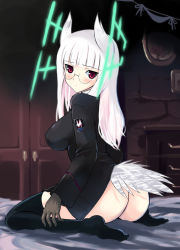 Rule 34 | 00s, 1girl, animal ears, ass, black thighhighs, blush, breasts, glasses, gloves, head wings, heidimarie w. schnaufer, hirschgeweih antennas, kyogoku shin, large breasts, looking back, no panties, red eyes, solo, strike witches, tail, thighhighs, white hair, wings, world witches series