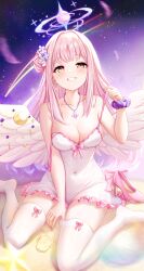 Rule 34 | 1girl, :d, absurdres, angel wings, bare arms, bare shoulders, blue archive, blush, breasts, cameltoe, cleavage, collarbone, commentary, feathered wings, feet, frills, full body, grin, hair bun, hair ornament, halo, highres, kazamatsuri honatsu, large breasts, legs, long hair, looking at viewer, mika (blue archive), navel, no shoes, open mouth, pantyhose, pink hair, purple scrunchie, scrunchie, simple background, single side bun, sitting, smile, solo, star (symbol), starry background, thighhighs, underwear, wariza, white pantyhose, white thighhighs, white wings, wings, wrist scrunchie, yellow eyes