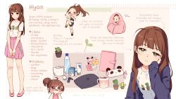 Rule 34 | 1girl, arm support, bandaid, bandaid on arm, bandaid on knee, bandaid on leg, blanket, bottle, brown hair, cactus, cardigan, character profile, cup, english text, exercising, expressionless, green eyes, hair ornament, hairclip, highres, hyanna-natsu, long hair, long sleeves, mug, multiple views, open cardigan, open clothes, original, plant, pleated skirt, potted plant, self-portrait, shirt, short sleeves, skirt, smile, steam, sweat, toilet paper, toothpaste, water bottle