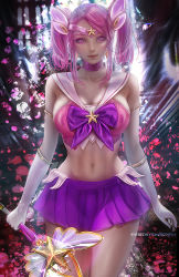 Rule 34 | 1girl, breasts, choker, cleavage, collarbone, commentary, diadem, donyta, english commentary, gloves, holding, holding wand, large breasts, league of legends, looking at viewer, lux (league of legends), magical girl, midriff, navel, pink eyes, pink hair, purple choker, purple skirt, sailor collar, short hair, skirt, solo, star guardian (league of legends), star guardian lux, thighs, twintails, wand, white gloves, white sailor collar