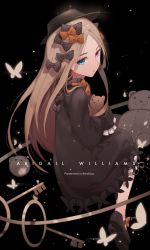 Rule 34 | 1girl, abigail williams (fate), artist name, black background, black bow, black dress, black footwear, black hat, blue eyes, bow, brown hair, bug, butterfly, character name, dress, fate/grand order, fate (series), floating hair, hat, heterochromia, highres, holding, holding stuffed toy, insect, long hair, mary janes, orange bow, parted bangs, polka dot, polka dot bow, red eyes, reichiou, shoes, sleeves past wrists, solo, stuffed animal, stuffed toy, teddy bear, very long hair, white polka dots