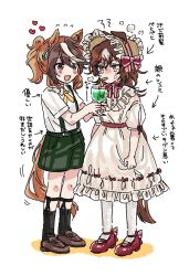 Rule 34 | 2girls, aged down, anger vein, animal ears, arrow (symbol), black legwear, blush, bonnet, brown hair, commentary request, cup, dress, drinking straw, flying sweatdrops, full body, fume, heart, highres, holding, holding cup, horse ears, horse girl, horse tail, legwear garter, long hair, looking at another, multicolored hair, multiple girls, open mouth, overall shorts, overalls, ponytail, rikako (uma 31moji), shirt, short sleeves, simple background, sirius symboli (umamusume), smile, standing, symbol in eye, symboli rudolf (umamusume), tail, translation request, umamusume, white background, white dress, white legwear, white shirt