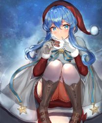 Rule 34 | 1girl, alternate costume, blue eyes, blue hair, blush, boots, grabbing another&#039;s breast, breasts, christmas, coat, commentary, eriyama e, finger to mouth, gotland (kancolle), grabbing, groping, hair between eyes, hair bun, hat, highres, kantai collection, knee boots, knees together feet apart, large breasts, long hair, long sleeves, looking at viewer, mole, mole under eye, one eye closed, rudder footwear, santa hat, sidelocks, single hair bun, squatting, thighhighs, white coat, white thighhighs