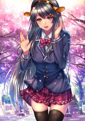 Rule 34 | 1girl, absurdres, alternate costume, black hair, black thighhighs, blazer, blue jacket, bow, bowtie, branch, brown eyes, cherry blossoms, commentary request, day, hair ornament, hairband, hairclip, haruna (kancolle), highres, jacket, kantai collection, kazu (otonoki86), long hair, long sleeves, looking at viewer, miniskirt, outdoors, pleated skirt, red bow, red bowtie, red skirt, school uniform, skirt, solo, thighhighs, tree