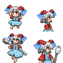Rule 34 | 1girl, blue dress, blue ribbon, closed mouth, curled horns, curly hair, dress, evolutionary line, holding, holding spork, horn ornament, horn ribbon, horns, lowres, multiple views, pixel art, red eyes, red horns, reimufate, ribbon, short hair, smile, spork, touhou, touhou ningyougeki, toutetsu yuuma, transparent background, white hair