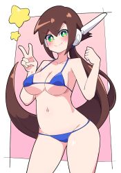 Rule 34 | 1girl, absurdres, aile (mega man zx), bikini, blue bikini, blush, breasts, brown hair, buzzlyears, cleavage, closed mouth, collarbone, green eyes, highres, large breasts, long hair, looking at viewer, mega man (series), mega man zx, mega man zx advent, micro bikini, navel, smile, solo, swimsuit, v
