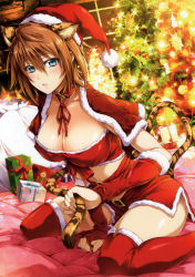 Rule 34 | 1girl, absurdres, animal ears, arm support, arm warmers, blue eyes, breasts, brown hair, capelet, choker, cleavage, fur trim, gift, hair between eyes, highres, large breasts, leaning forward, looking at viewer, midriff, navel, non-web source, omega 2-d, red thighhighs, sack, santa costume, sitting, skirt, solo, tail, thighhighs, tiger ears, tiger tail, wariza