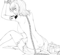 Rule 34 | 1girl, angry, animal ears, ass, bdsm, blush, bondage, bound, breasts, butt crack, cat ears, cat tail, chain, chain leash, elbow gloves, from behind, gloves, greyscale, hairu, heart, high heels, leash, lineart, looking back, monochrome, nami (one piece), one piece, revealing clothes, rope, shoes, short hair, sitting, solo, tail, tattoo, thighhighs, topless