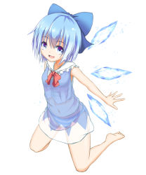 Rule 34 | 1girl, :d, barefoot, blue eyes, blue hair, bow, cirno, covered navel, dress, full body, hair bow, highres, kneeling, looking at viewer, open mouth, panties, see-through, short dress, short hair, simple background, smile, striped clothes, striped panties, touhou, tsuri buta, underwear, white background, wings
