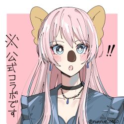 Rule 34 | !, !!, 1girl, animal ears, bang dream!, bang dream! it&#039;s mygo!!!!!, black choker, blue jacket, blush, border, breasts, chihaya anon, choker, cleavage, collarbone, commentary request, drop shadow, earrings, fang, frilled jacket, frills, grey eyes, highres, jacket, jewelry, kemonomimi mode, long hair, looking at viewer, nanami (nunnun 0410), necklace, open mouth, outside border, pink background, pink hair, smile, solo, tail, translation request, twitter username, upper body, white border