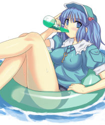 Rule 34 | 1girl, aged up, breasts, drinking, female focus, hair bobbles, hair ornament, innertube, kawashiro nitori, key, lowres, no pants, one-piece swimsuit, pepsi, pepsi ice cucumber, school swimsuit, soda, solo, swim ring, swimsuit, swimsuit under clothes, touhou, two side up, water, white background
