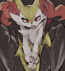 Rule 34 | 1girl, anger vein, angry, animal ear fluff, animal ears, animal hands, animal nose, between legs, black background, black fur, blush, body fur, braixen, claws, covering crotch, covering privates, creatures (company), embarrassed, female focus, fox ears, fox girl, furry, furry female, game freak, gen 6 pokemon, hand between legs, knees up, legs, looking at viewer, multicolored fur, neck fur, nintendo, open mouth, own hands together, pokemon, pokemon (creature), red eyes, simple background, sitting, sketch, solo, spread legs, sweat, tale (b8codomu), tears, v arms, white fur, yellow fur
