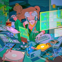 Rule 34 | 1990s (style), 1girl, animal, aqua hair, bed, blush, book, brown dog, cable, chopsticks, closed eyes, colorful, commentary, cookie, crop top, cup, cup ramen, dog, drinking glass, fingernails, fish, floating, food, gradient hair, green jacket, green pants, headphones, heart, highres, holding, holding chopsticks, holographic interface, holographic monitor, indoors, inuha dog wave, jacket, long hair, long sleeves, midriff, mug, multicolored hair, noodles, off shoulder, open clothes, open jacket, open mouth, original, pants, phonograph, pink hair, pink sports bra, plant, plate, puffy long sleeves, puffy sleeves, record, retro artstyle, science fiction, sitting, smile, solo, soundboard, sports bra, star (symbol), water