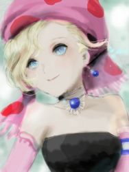 Rule 34 | 1girl, bare shoulders, blonde hair, blue eyes, closed mouth, detached sleeves, earrings, final fantasy, final fantasy vi, hat, jewelry, looking at viewer, relm arrowny, short hair, simple background, smile, solo, yamamori kinako