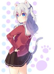 Rule 34 | 10s, 1girl, animal ears, bad id, bad pixiv id, blue eyes, cat ears, cat tail, charlotte (anime), commentary request, from behind, highres, long hair, mafuyu (chibi21), pleated skirt, school uniform, serafuku, silver hair, skirt, solo, standing, tail, tomori nao, two side up