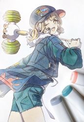 Rule 34 | 1girl, :d, azusawa kohane, black hat, blonde hair, blue jacket, blue shorts, cabbie hat, commentary, denim, denim jacket, denim shorts, fur-trimmed jacket, fur trim, hammer, hamster, hat, highres, holding, holding hammer, jacket, looking at viewer, marker, marker (medium), nail polish, one eye closed, open mouth, pato (ptro), pen (medium), pink nails, project sekai, shorts, smile, solo, symbol-only commentary, toy hammer, traditional media, yellow eyes