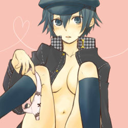 Rule 34 | 1girl, atlus, blue eyes, blue hair, breasts, cabbie hat, cleavage, hat, matching hair/eyes, medium breasts, omugi, open clothes, open shirt, panties, persona, persona 4, shirogane naoto, shirt, short hair, solo, underwear