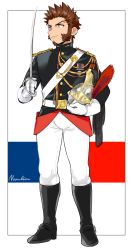 Rule 34 | 1boy, aiguillette, black border, black footwear, blue eyes, border, closed mouth, epaulettes, fate/grand order, fate (series), full body, helmet, long sideburns, looking to the side, male focus, military, military uniform, multicolored background, napoleon bonaparte (fate), outside border, pants, rapier, shitappa, sideburns, smile, sword, uniform, weapon, white pants
