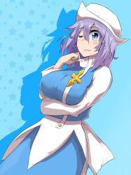 Rule 34 | 1girl, breast hold, breasts, hat, letty whiterock, light purple hair, long sleeves, shirt, short hair, skirt, solo, touhou, vest, yet you