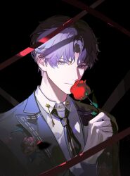 Rule 34 | 1boy, absurdres, bishounen, black background, closed mouth, flower, formal, highres, holding, holding flower, light smile, long sleeves, looking at viewer, love and deepspace, male focus, miraclesuri, necktie, pink eyes, purple eyes, purple hair, rafayel (love and deepspace), red flower, red rose, rose, shadow, shirt, short hair, simple background, solo, suit, two-tone eyes, white shirt