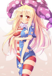 Rule 34 | 1girl, american flag dress, american flag legwear, arm grab, blonde hair, blush, breasts, chestnut mouth, clothes pull, clownpiece, embarrassed, eyes visible through hair, gradient background, hat, hip focus, jester cap, large hat, long hair, looking at viewer, navel, pantyhose, red eyes, shirt pull, short sleeves, skindentation, solo, sparkle, star cutout, stripe cutout, thighs, touhou, very long hair, z.o.b