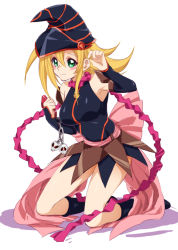 Rule 34 | 1girl, adjusting hair, armpits, bad id, bad pixiv id, bare shoulders, black footwear, black hat, blonde hair, blush stickers, boots, bow, breasts, cellphone, cellphone charm, chain, charm (object), chiyo (no3baki), cosplay, dark magician girl, detached sleeves, duel monster, flipped hair, from side, full body, gagaga girl, gagaga girl (cosplay), green eyes, hair between eyes, halterneck, hand up, hat, holding, jewelry, knee boots, kneeling, large breasts, layered skirt, leaning forward, long hair, looking at viewer, miniskirt, necklace, pendant, phone, pink ribbon, ribbon, sash, shadow, sidelocks, simple background, skirt, skull, smartphone, smile, solo, tucking hair, white background, wizard hat, yu-gi-oh!