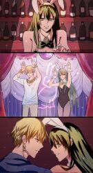 1boy 1girl animal_ears blonde_hair enkidu_(fate) fate_(series) genderswap gilgamesh_(fate) green_eyes green_hair highres kuraju12000 leotard playboy_bunny rabbit rabbit_ears red_eyes smile