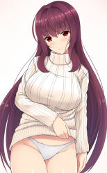Rule 34 | 1girl, blush, breasts, brown hair, clothes lift, fate/grand order, fate (series), groin, highres, large breasts, lifting own clothes, long hair, looking at viewer, mizunashi kenichi, no pants, panties, purple hair, red eyes, ribbed sweater, scathach (fate), shiny skin, simple background, smile, solo, sweater, sweater lift, turtleneck, underwear, very long hair, white background