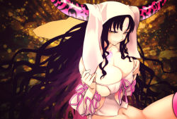 Rule 34 | 10s, 1girl, bare shoulders, black hair, blush, bottomless, breasts, cleavage, closed mouth, detached sleeves, facial mark, fate/extra, fate/extra ccc, fate (series), from side, half-closed eyes, horns, large breasts, long hair, looking at viewer, looking to the side, navel, oumi sanaka, out-of-frame censoring, pink thighhighs, sessyoin kiara, skindentation, smile, solo, tattoo, thighhighs, veil, very long hair, yellow eyes