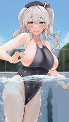 Rule 34 | 1girl, absurdres, armpits, beret, blue eyes, breasts, cleavage, closed mouth, competition swimsuit, covered navel, grey hair, hat, highleg, highres, in water, kantai collection, kashima (kancolle), large breasts, looking at viewer, one-piece swimsuit, pool, side ponytail, sideboob, solo, swimsuit, wasavi 8