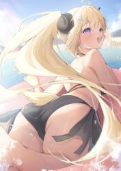 Rule 34 | 1girl, :d, absurdres, ahoge, ass, beach, bikini, black bikini, blonde hair, blurry, blurry background, breasts, commentary request, day, eat some cookie, goat horns, hair ornament, highres, hololive, horns, innertube, lens flare, long hair, looking at viewer, looking back, medium breasts, mountainous horizon, ocean, open mouth, outdoors, purple eyes, sheep girl, sheep horns, smile, solo, summer, swim ring, swimsuit, teeth, tsunomaki watame, upper teeth only, very long hair, virtual youtuber