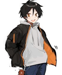 Rule 34 | 1boy, black hair, black jacket, commentary request, denim, drawstring, guu (guu8), hands in pockets, highres, hood, hood down, hoodie, jacket, jeans, looking at viewer, male focus, motion lines, open mouth, orange eyes, orange jacket, original, pants, short hair, simple background, smile, solo, teeth, two-sided fabric, two-sided jacket, upper teeth only, very short hair, white background, white hoodie