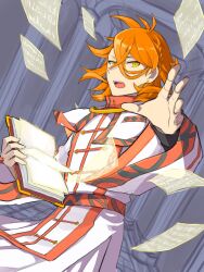 Rule 34 | 1boy, book, fire emblem, fire emblem engage, hair between eyes, highres, holding, holding book, looking at viewer, male focus, medium hair, mojiyama, nintendo, open book, open mouth, orange eyes, orange hair, outstretched hand, pages, pandreo (fire emblem), robe, solo