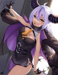 Rule 34 | absurdres, ahoge, ascot, asymmetrical legwear, braid, braided bangs, breasts, cleavage, cleavage cutout, clothing cutout, collar, cowboy shot, cross-laced slit, demon girl, dress, dutch angle, furrowed brow, gloves, hair between eyes, halo, highres, holding halo, hololive, horns, jacket, jacket on shoulders, kisaragi tsurugi, la+ darknesss, light purple hair, long hair, looking at viewer, metal collar, multicolored hair, necktie, open mouth, outstretched arm, purple thighhighs, short dress, single leg pantyhose, small breasts, streaked hair, striped horns, thighhighs, tight clothes, tight dress, virtual youtuber, yellow ascot, yellow eyes