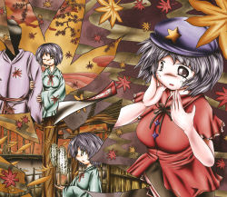 Rule 34 | 1boy, 1girl, autumn leaves, blouse, breasts, commentary request, faceless, faceless male, grey eyes, hands on own face, hat, highres, holding another&#039;s arm, inset, japanese clothes, kimono, leaf, light purple hair, maple leaf, miyako yoshika, miyako yoshika (living), multicolored background, ofuda, ofuda removed, one eye closed, parted lips, purple eyes, shirt, short hair, skirt, star (symbol), tears, touhou, wink, ys (ytoskyoku-57)