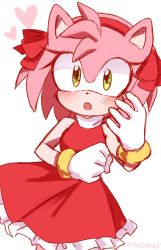 Rule 34 | 1girl, :o, amy rose, blush, bow, bracelet, dress, furry, furry female, gloves, green eyes, hair bow, hairband, heart, jewelry, looking at viewer, red bow, red dress, red hairband, simple background, solo, sonic (series), tasikyu, white background, white gloves