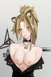 Rule 34 | 1girl, absurdres, alternate hairstyle, animal ear fluff, animal ears, anming, arknights, text background, bad id, bad pixiv id, bare shoulders, black jacket, blonde hair, braid, breasts, breasts out, closed mouth, collar, collarbone, grey background, high ponytail, highres, jacket, jewelry, lion ears, long hair, looking at viewer, medium breasts, mouth hold, necklace, nipples, no bra, off shoulder, open clothes, open jacket, orange eyes, parted bangs, side braid, siege (arknights), smile, solo, upper body
