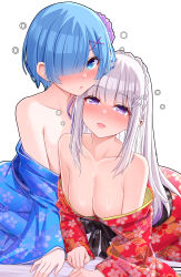 2girls absurdres alternate_costume bare_shoulders blue_eyes blue_hair blue_kimono blue_pupils blush braid breasts cleavage crown_braid elf emilia_(re:zero) floral_print hair_ornament hair_over_one_eye hair_ribbon highres japanese_clothes jp_mrldoll_yy kimono large_breasts long_hair long_sleeves looking_at_viewer multiple_girls obi open_mouth pink_ribbon pointy_ears purple_eyes purple_ribbon re:zero_kara_hajimeru_isekai_seikatsu red_kimono rem_(re:zero) ribbon sash short_hair smile white_hair wide_sleeves x_hair_ornament