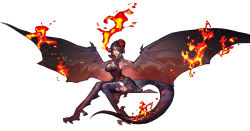 Rule 34 | 1girl, absurdres, au ra, black dress, black hair, breasts, breath weapon, breathing fire, brown hat, chinese commentary, claws, cleavage, commentary request, dragon girl, dragon horns, dragon tail, dragon wings, dress, eboda-x, final fantasy, final fantasy xiv, fire, frilled dress, frills, full body, hair over one eye, hat, highres, horns, knees together feet apart, looking at viewer, mini hat, mini top hat, monster girl, one eye covered, open mouth, outstretched arms, red eyes, reptile girl, scales, short hair, simple background, sitting, smile, solo, spread wings, tail, talons, top hat, warrior of light (ff14), white background, winged arms, wings