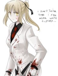 Rule 34 | 1girl, alternate costume, artoria pendragon (all), artoria pendragon (fate), black shirt, blood, blood on clothes, english text, fate/stay night, fate/zero, fate (series), formal, gloves, hair ribbon, long hair, necktie, pale skin, pant suit, pants, ponytail, ribbon, saber (fate), saber alter, shirt, solo, suit, tusia, veins, white gloves, white suit, yellow eyes