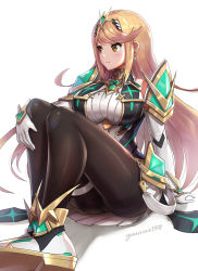 Rule 34 | 1girl, bare shoulders, black pantyhose, blonde hair, breasts, chest jewel, dress, earrings, elbow gloves, full body, gem, gloves, gonzarez, highres, jewelry, large breasts, legs, long hair, looking afar, mythra (massive melee) (xenoblade), mythra (xenoblade), nintendo, pantyhose, short dress, signature, simple background, sitting, solo, super smash bros., swept bangs, thigh strap, tiara, upskirt, very long hair, white background, white dress, white footwear, white gloves, xenoblade chronicles (series), xenoblade chronicles 2, yellow eyes