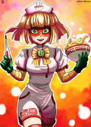 Rule 34 | 1girl, arms (game), blonde hair, clipboard, domino mask, dress, food, garter straps, hat, highres, holding, holding syringe, looking at viewer, mask, min min (arms), nintendo, noodles, nurse, nurse cap, short dress, short hair, smile, solo, stethoscope, stoic seraphim, super smash bros., syringe, thighhighs, white thighhighs