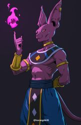 Rule 34 | 1boy, absurdres, arm behind back, armlet, artist name, baggy pants, beerus, biceps, black background, black nails, blue pants, blue sash, bracer, closed mouth, colored skin, commentary request, dragon ball, dragon ball super, ear piercing, earrings, egyptian clothes, fingernails, fire, fire, hand up, highres, horang4628, jewelry, korean commentary, long fingernails, looking at viewer, male focus, neck ring, pants, piercing, purple fire, purple skin, red eyes, ribs, sash, sharp fingernails, simple background, smile, solo, stomach, tail, twitter username, v-shaped eyebrows