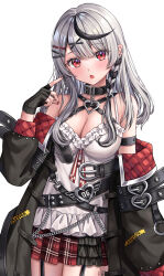 Rule 34 | 1girl, bare shoulders, breasts, cleavage, grey hair, hololive, multicolored hair, nakuri (nakuri 12), open clothes, red eyes, sakamata chloe, simple background, solo, streaked hair