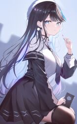 Rule 34 | 1girl, airi kanna, black choker, black hair, black necktie, black skirt, blue eyes, blue hair, brown thighhighs, candy, choker, colored inner hair, commentary request, commission, earrings, food, highres, holding, holding candy, holding food, holding lollipop, jewelry, lollipop, long hair, looking at viewer, multicolored hair, necktie, pixiv commission, shirt, sitting, skirt, solo, stellive, streaked hair, thighhighs, un uk, virtual youtuber, white shirt, zettai ryouiki