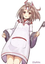 Rule 34 | 10s, 1girl, apron, brown hair, female focus, from below, hachimaki, headband, japanese clothes, kantai collection, ladle, long hair, one-hour drawing challenge, open mouth, ponytail, red eyes, smile, solo, sumisu (mondo), twitter username, white background, zuihou (kancolle)