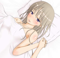Rule 34 | 1girl, alternate hairstyle, bare shoulders, bed, blanket, blonde hair, breasts, collarbone, covered erect nipples, holding hands, interlocked fingers, large breasts, lying, lynette bishop, on back, p-tana, parted lips, pillow, purple eyes, solo focus, strike witches, world witches series