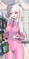 Rule 34 | 1girl, animal ears, blush, bodysuit, bottle, breasts, clothes writing, convenience store, crotch zipper, dduck kong, gloves, grey hair, hair ornament, heart, heart-shaped pupils, highres, holding, holding bottle, id card, latex, latex bodysuit, long hair, looking to the side, medium breasts, necktie, open mouth, original, pink bodysuit, pink eyes, pink gloves, pink necktie, rabbit ears, shop, solo, sweat, symbol-shaped pupils, zipper