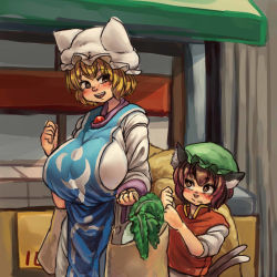 Rule 34 | 2girls, animal ears, bag, blonde hair, blush, breasts, brown eyes, brown hair, cat ears, chanta (ayatakaoisii), chen, fang, food, green hat, groceries, hand up, hat, huge breasts, large breasts, long sleeves, looking at another, multiple girls, multiple tails, open mouth, outdoors, shopping bag, short hair, short sleeves, tabard, tail, talking, touhou, two tails, vegetable, vest, village, wide sleeves, yakumo ran